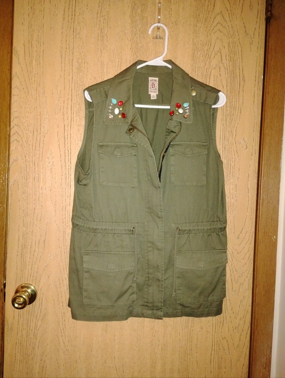 Decree Olive Green Embellished Collar Utility Military Cargo Vest (Size XL)